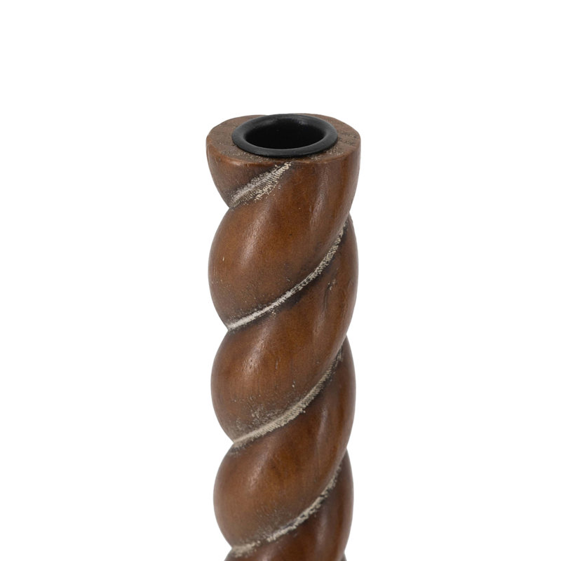 S/2 Brown Birch Wood Candle Holders With Spiral Design, S:3.5X3.5X11"  L:3.5X3.5X13"