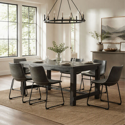 Ensemble de salle à manger 7 pièces en bois fini noir antique avec 6 chaises en similicuir pour salle à manger