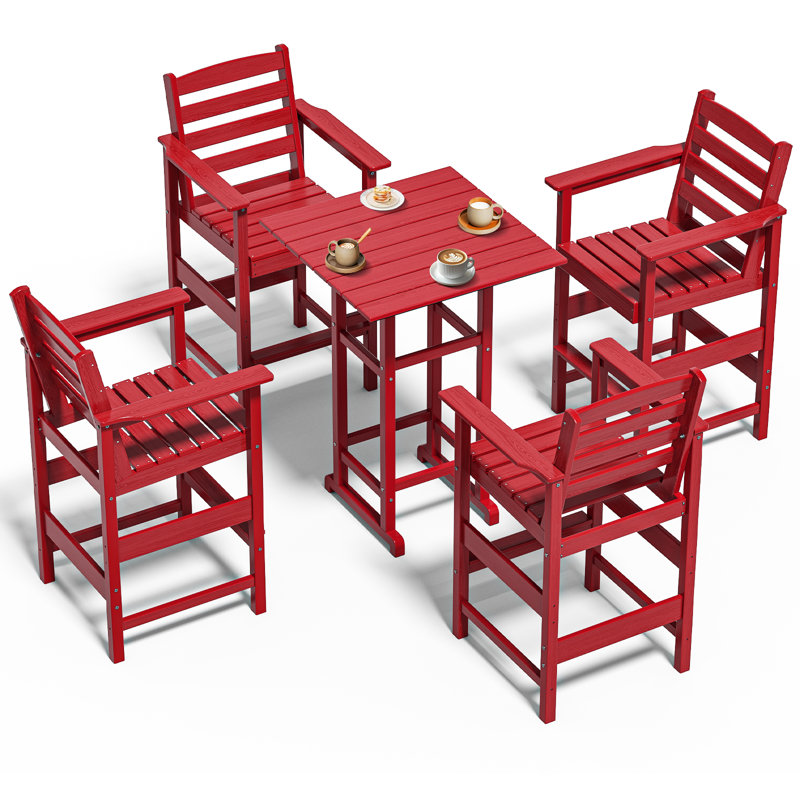 5-Piece HDPE Outdoor Bar Set – 4 Tall Bar Chairs & 1 Square Table, All-Weather Patio Furniture for Poolside, Garden, or Balcony
