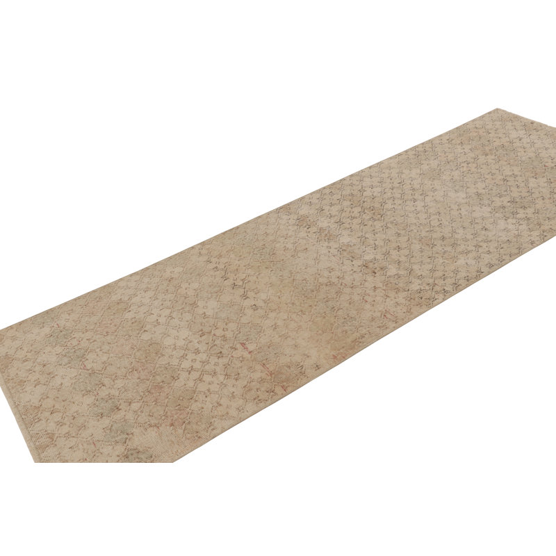 Vintage Distressed Runner Rug, Beige And Brown Geometric Pattern - Rug & Kilim