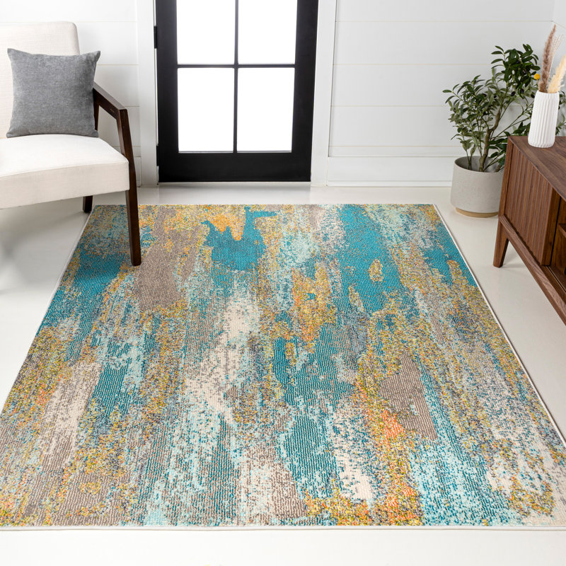 Lasley Contemporary POP Modern Abstract Vintage Waterfall Blue/Brown/Orange Rug, Rectangle 3' x 5'