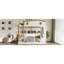 Grand lit superposé avec rangement, couleur beige et naturelle, bois massif, tablettes, crochets et sommier sans matelas requis pour le placement de matelas-876293385