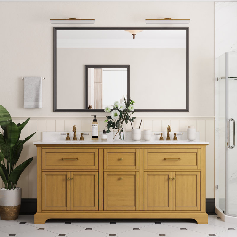 72" Walnut Freestanding Double Bathroom Vanity with Marble Top