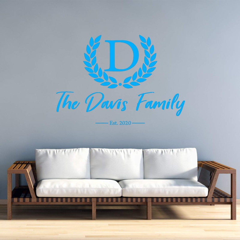 Décalcomanie murale nom de famille monogramme, H 16 po l 22 po, Bleu ciel