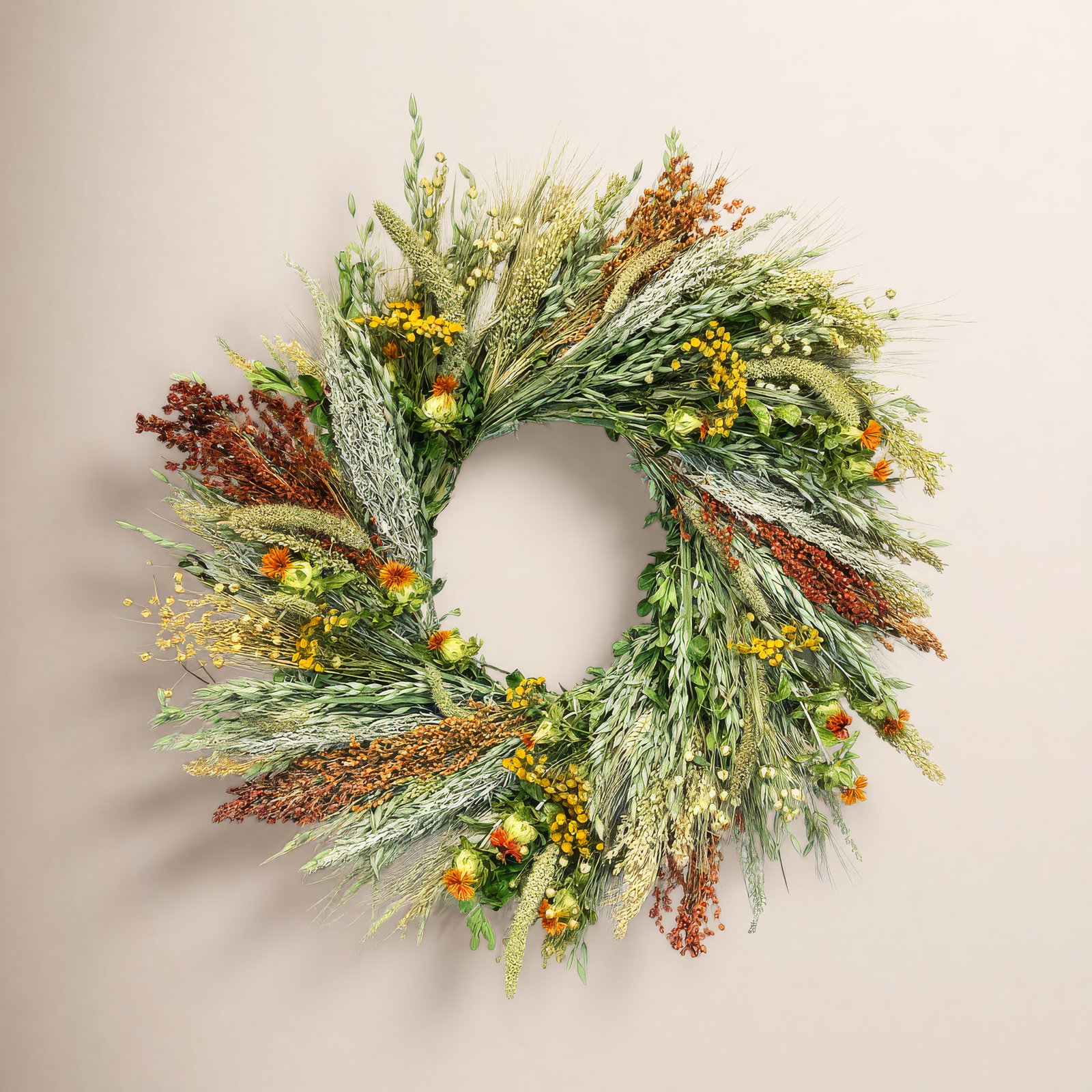 Dried Carnelian Spring Floral Wreath, 30" H x 30" W x 6" D