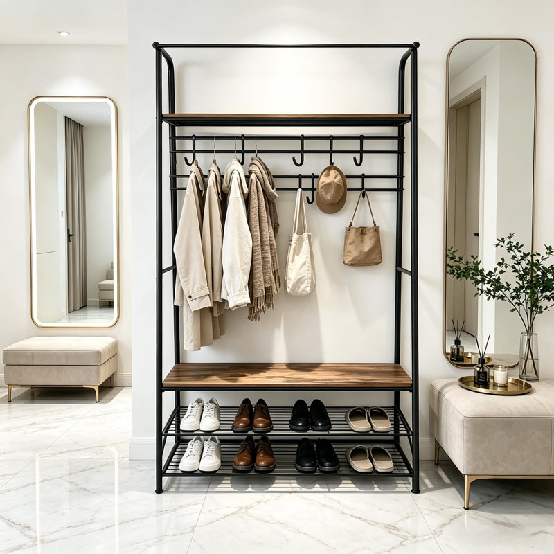 Portemanteau autoportant 4 en 1 pour vestibule, portemanteau avec tringle, tablettes de rangement pour chaussures et banc rembourré, panneau de particules avec structure en métal noir robuste