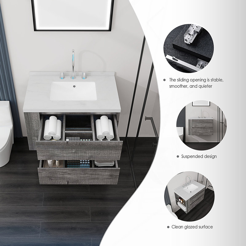 Meuble-lavabo suspendu de 76 cm (30 pouces) avec comptoir en marbre reconstitué et tiroirs à fermeture en douceur, Gray