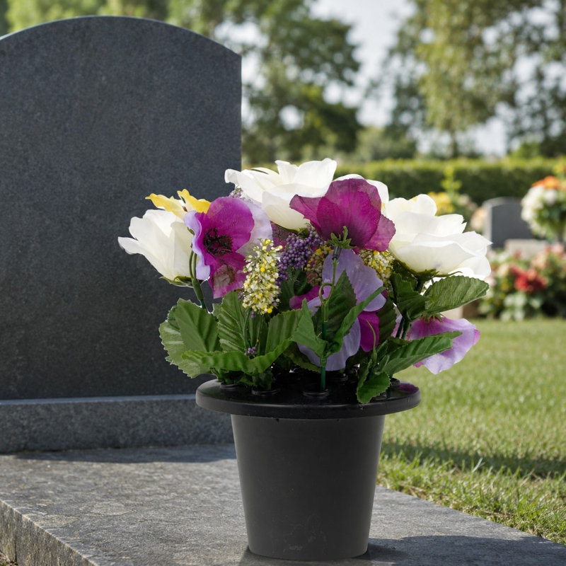 Artificial Silk Flower Grave Pot Memorial - Cemetery Graveside Tribute, Purple Pansy & Rose / Set of 1