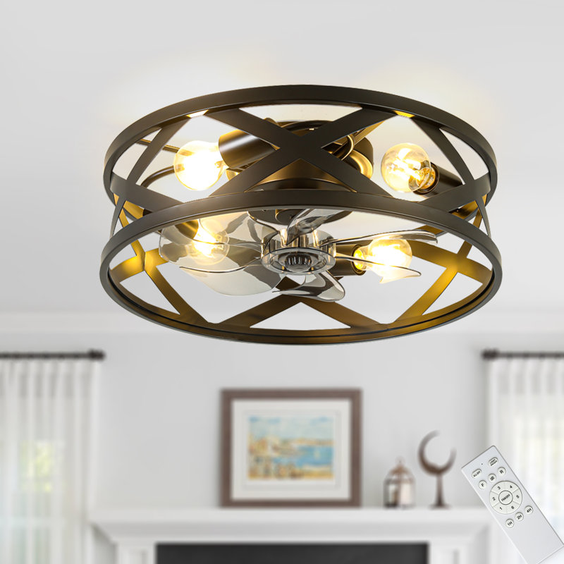 Ventilateur de plafond encastré 20 po en métal noir avec ensemble d'éclairage et télécommande réversible à 6 vitesses pour moteur de chambre à coucher