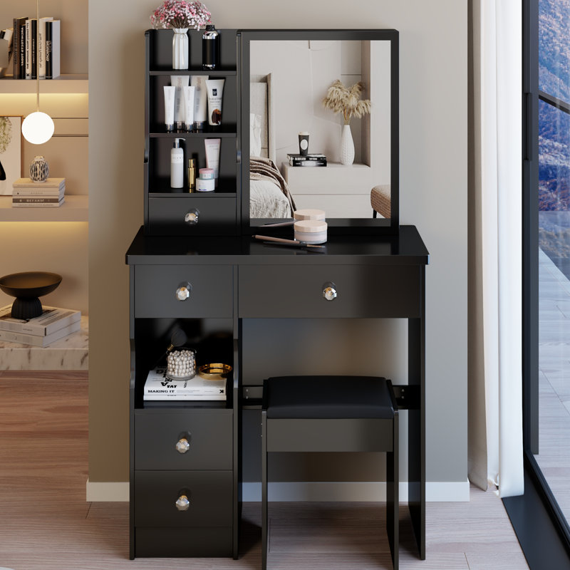 Petit meuble-lavabo avec tiroir à gauche 29,2 po orienté petit espace, très grand miroir coulissant, rangement multicouche, style américain, noir adaptable