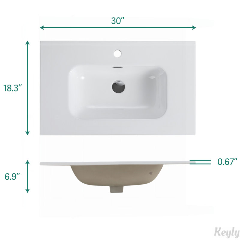 Meuble-lavabo mural avec lavabo en céramique et trou unique, Noyer, 30"