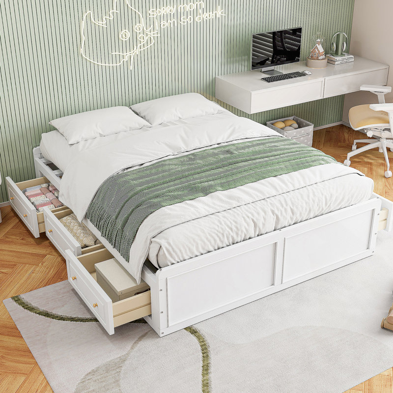 Structure de lit plateforme en bois avec 6 tiroirs , Blanc