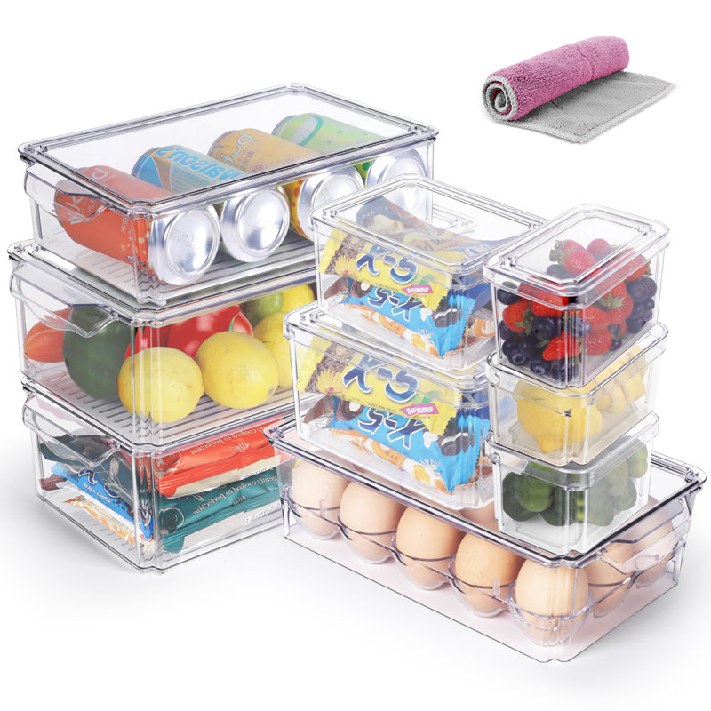 Bacs de rangement pour réfrigérateur 9 pièces avec couvercles et poignées Baylaa, Transparent