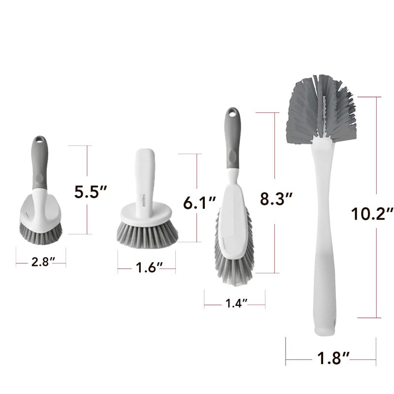 OVENTE 5pcs Scrub Brush Set with Wiper & Dustpan, Scrubbing Brushes for Household Use with Ergonomic Handle & Stiff Bristles Ideal for Cleaning Kitchen, Bathroom, Dishes, Tiles & Sink, White CTB018WGY