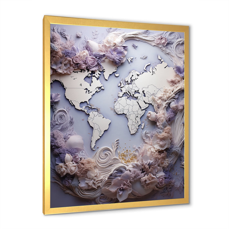 " Ethereal Lavender World Map ", Gold Single Picture Framed, 32" H x 16" W