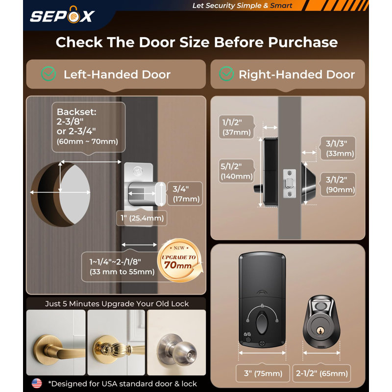 Serrure intelligente sans clé SEPOX® avec poignées 2, entrée d'empreinte digitale pour porte d'entrée avec contrôle Tuya APP et pêne dormant numérique Bluetooth, batterie de 18 mois incluse, verrouillage automatique, alimentation de secours et clé disponible