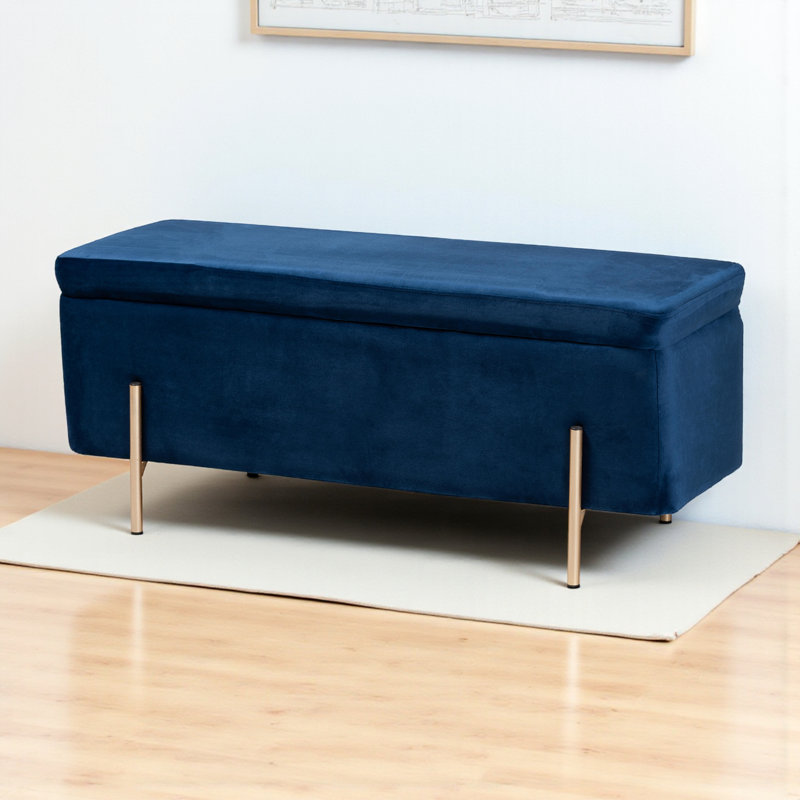 Molto Gold Finished Metal Storage Bench in Navy Blue Upholstery, 17.7'' H X 43.3'' W X 15.7'' D, Navy Velvet