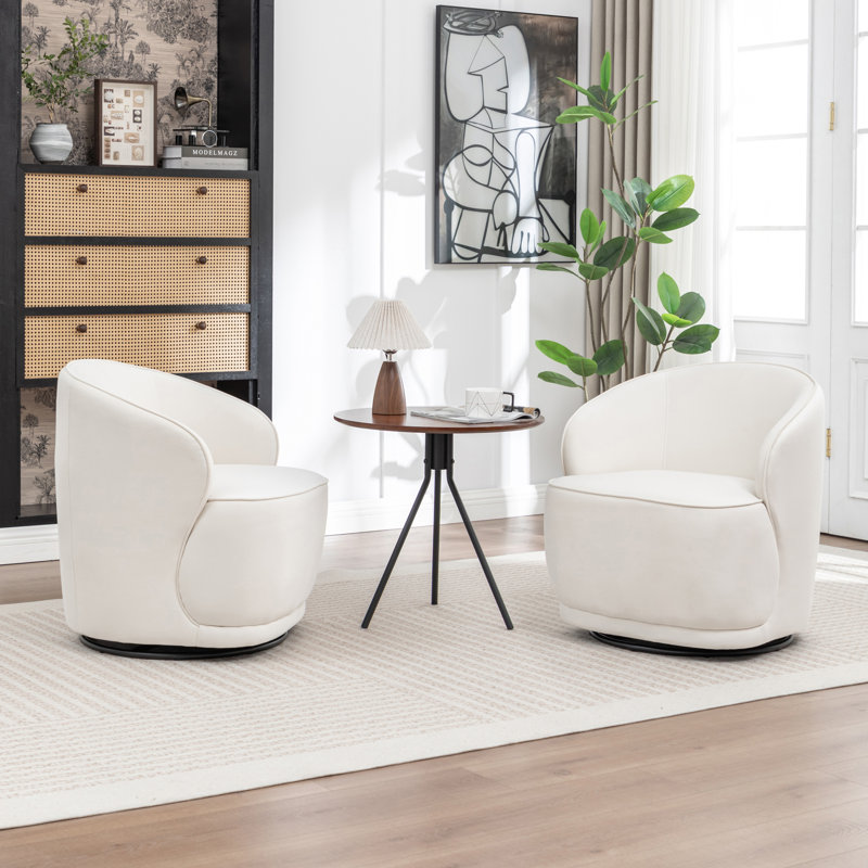 Stith Velvet Upholstered Swivel Barrel Chair, Beige Velvet