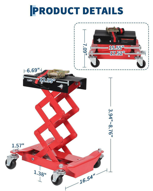 Cric de transmission à profil bas avec sangles de sécurité | Capacité de 450 lb, levage réglable de 7 à 23 po, 4 roulettes pivotantes pour le garage et le magasin