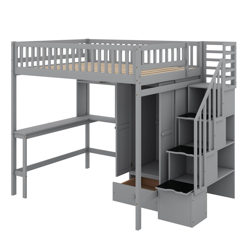 Lit mezzanine double avec bibliothèque, tiroirs, bureau et garde-robe, Gris