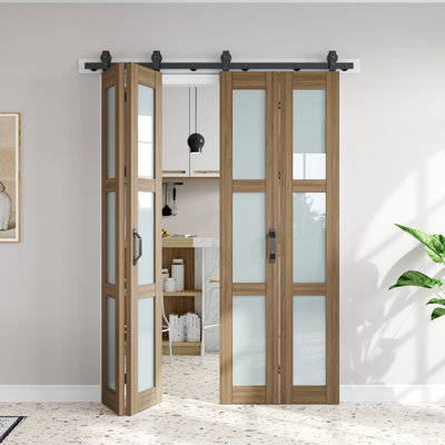 Portes de grange pliantes à 3 panneaux de 84 po en verre dépoli, porte double avec trousse de quincaillerie d'installation