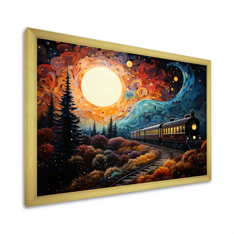Train enchanted voyage pointillisme sur toile, H 34 po x l 44 po x P 1,5 po, Encadrement doré