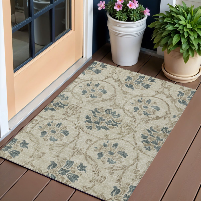 Tapis d'intérieur beige 3 pi x 5 pi beige à motif floral lavable
