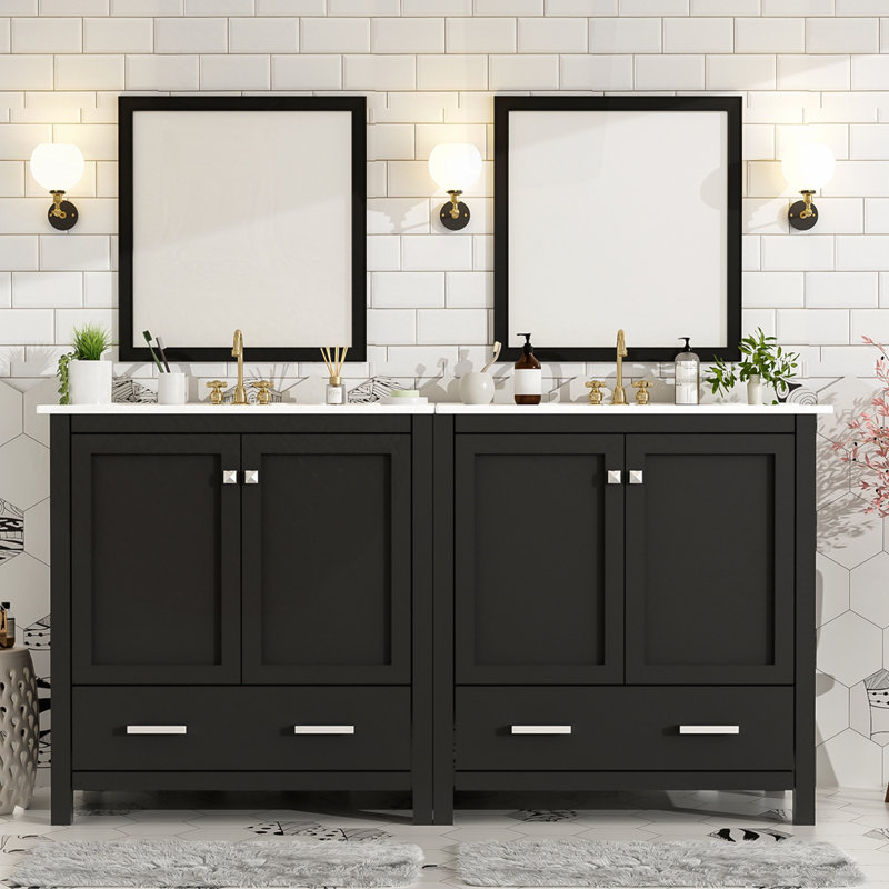 Ensemble de meuble-lavabo blanc 60 "avec meuble-lavabo double 60", Bleu / doré