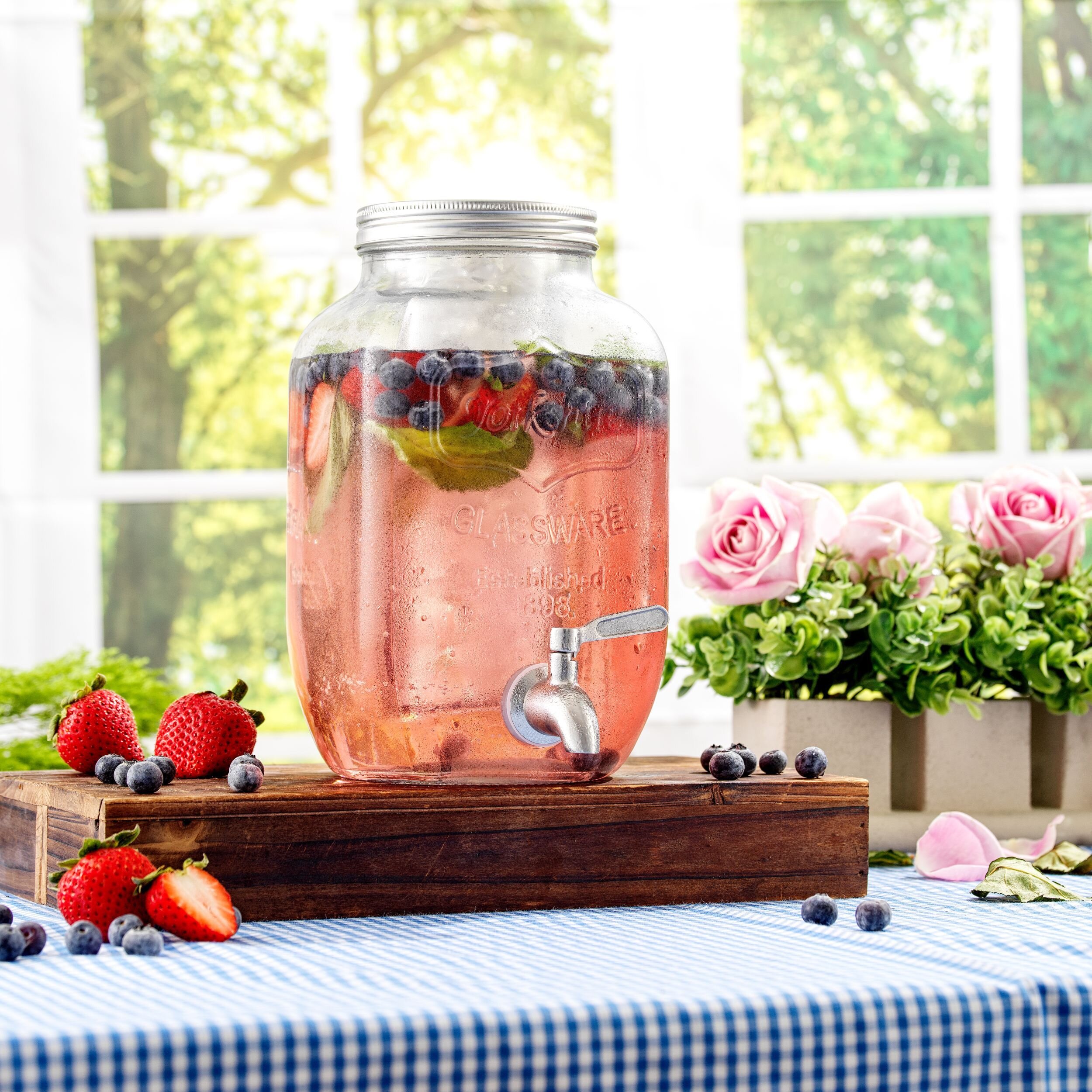 Glass Drink Dispenser with Spigot, Ice Infuser, & Fruit Infuser - 1 Gallon