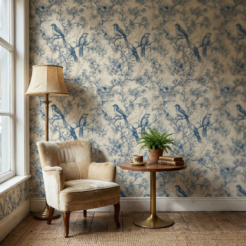 Papier peint floral avec oiseaux