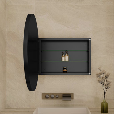 31.5 Inch Surface Mount Round Metal Framed Medicine Cabinet With Mirror And Adjustable Shelves Black Wall Mirror With Storage For Bathroom