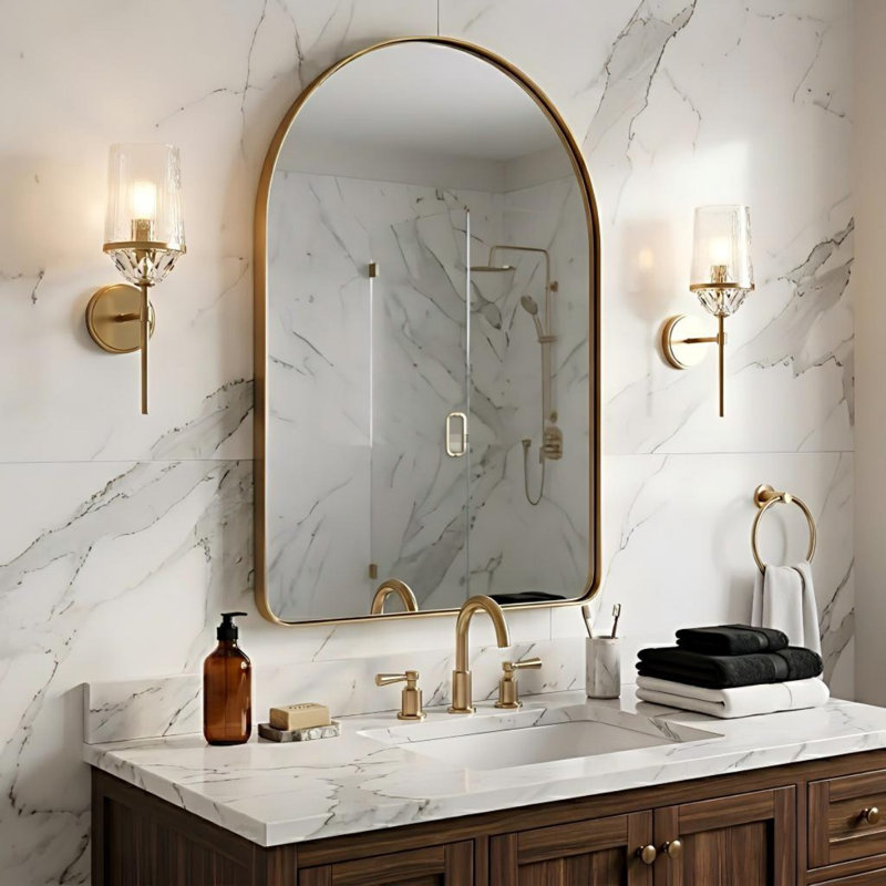 Elegant Arched Bathroom Vanity Mirror – Premium Stainless Steel Frame, 30" x 40", Brushed Gold