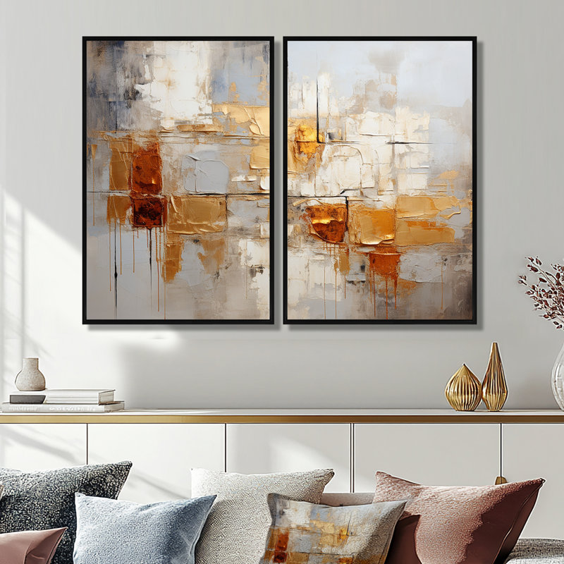 Clemmy - impressions sur toile jaunes 2 pièces, Black, 36" H x 48" W, Impression encadrée flottante