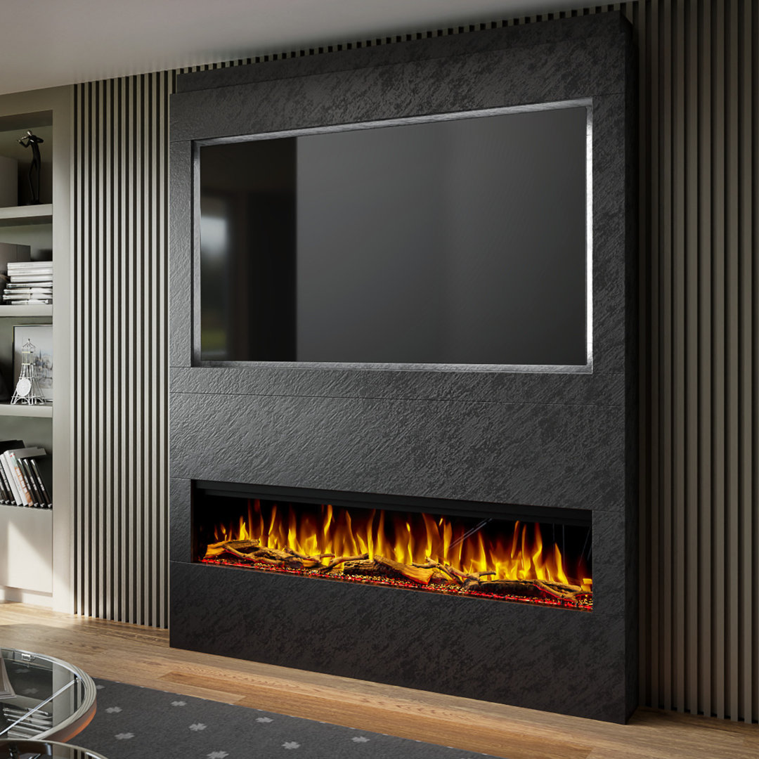 Evolution Fires Pre-Built Media Wall Package 17, finished in textured Venetian Plaster, includes Spectrum Series 60 Series 3-Sided Electric Fireplace