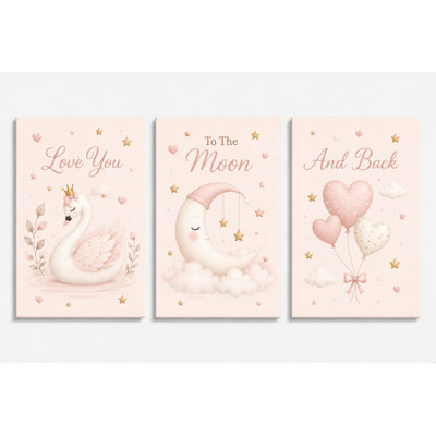 Large Set of 3 Swan Moon Nursery Wall Art Love You To The Moon And Back Canvas Prints Baby Girl Room Decor Bedroom 16x24 Inch Canvas Print - Ready to hang