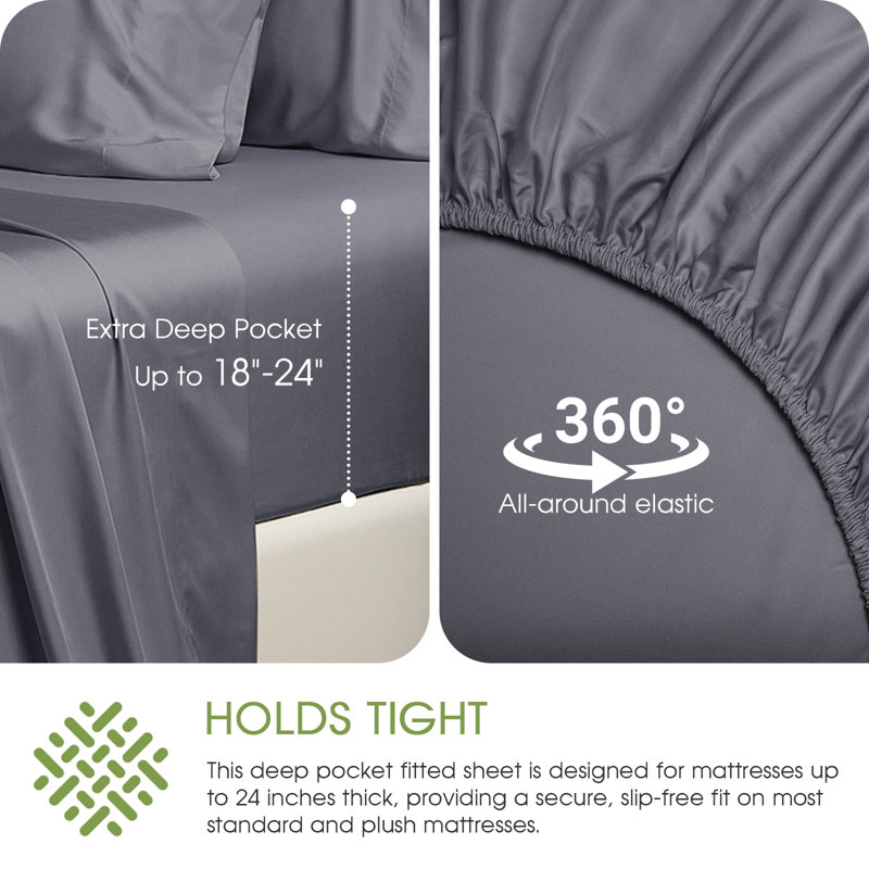 HYPREST Sheets, Rayon Derived from Bamboo, Extra Deep Pocket Fits 18"-24" Mattresses, Gray, California King