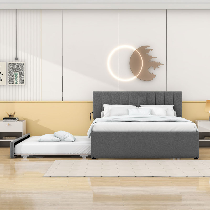 Lit plateforme tapissier en bois avec lit gigogne et tête de lit, gris, Grand