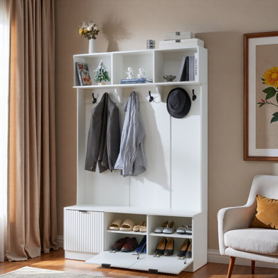 Modern Hall Tree With 3 Cabinets, 3 Compartments, Hooks And Seating Bench