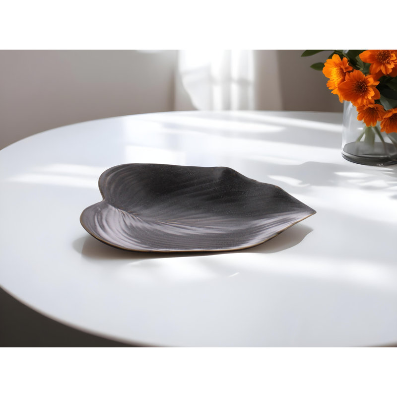 Stancil 7" Dark Brown and Gold Ceramic Leaf Tray