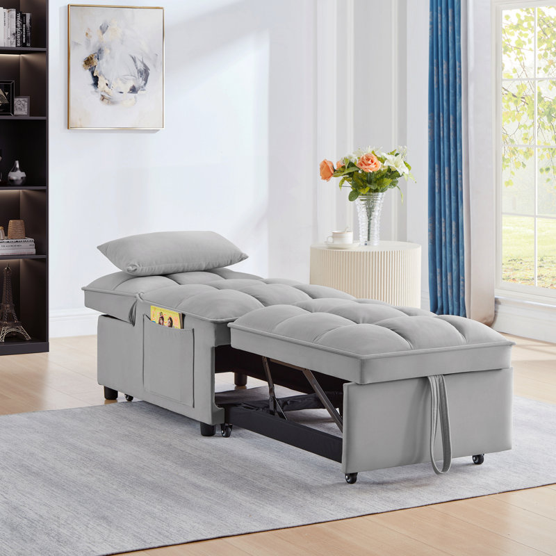 Canapé-lit simple multifonctionnel 4 en 1 avec poches de rangement, canapé-lit simple capitonné avec dossier réglable et coussins, méridienne convertible, gris