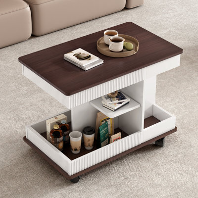 Table de bout réglable avec roulettes, plateau tournant à 360 °, espace de rangement, texture grain de bois et motif à rayures verticales
