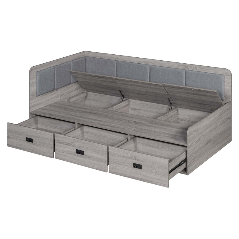 Lit de jour avec trois tiroirs et trois compartiments de rangement, Lit simple, Gris