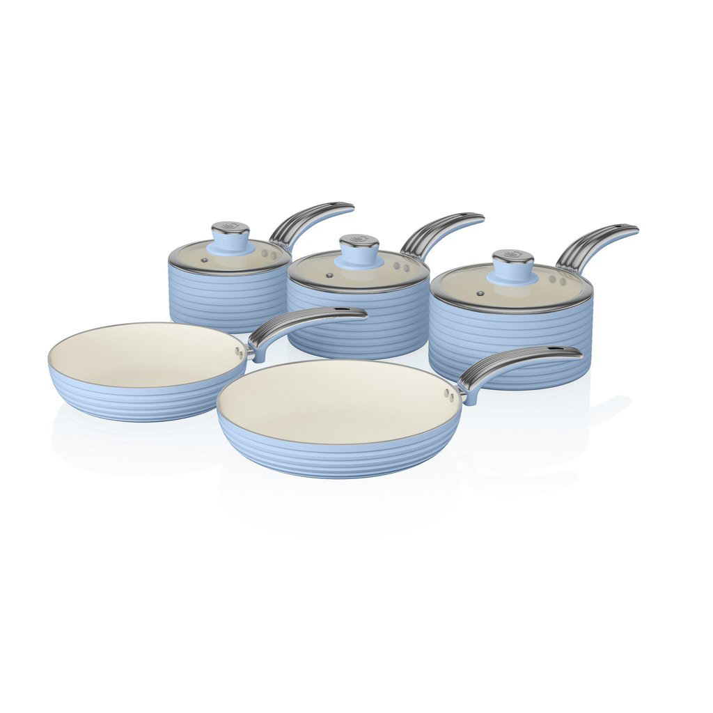 Swan Retro Aluminium Pan Set with Glass Lid, Non-Stick Ceramic Coating