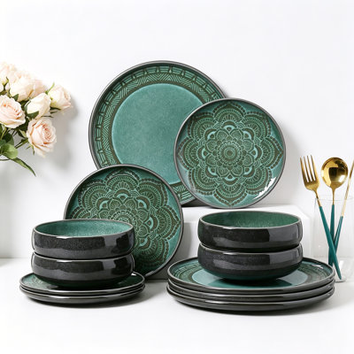 Lotus Relief 12 Piece Stoneware Dinnerware Set - Service For 4