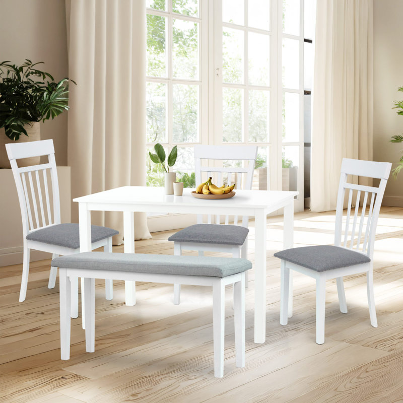 5 Pc Dining Kitchen Set of Rectangular Table, 3 Warm Chairs and 1 Bench, Classic Style Solid Wood, Gray, White