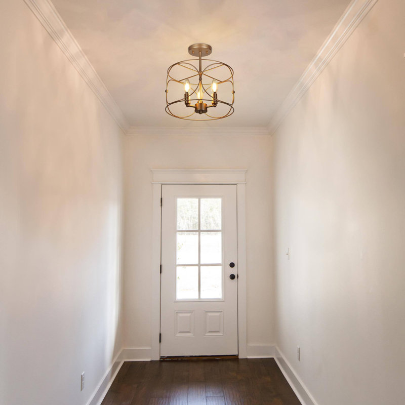 3-Light Modern Drum Cage Semi-Flush Mount Ceiling Light, Dark Gold Finish, Bedroom