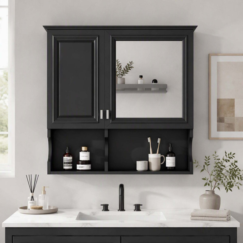 Armoire à pharmacie murale avec miroir de salle de bain, tablettes ouvertes et rangement ajustable, Noir