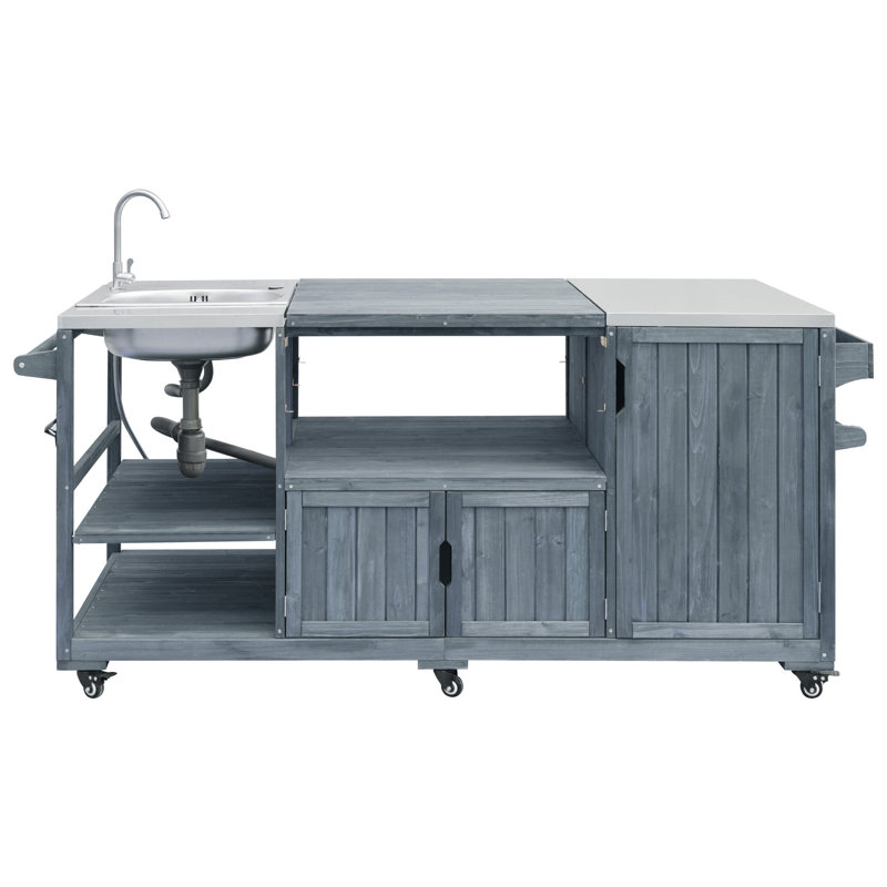 75.4" Outdoor Kitchen Island with Sink, Solid Wood Outdoor Grill Cart for XL Green Egg Grills, Rolling Outdoor Bar Cart with Stainless Steel Top, for Pizza Prep & BBQ