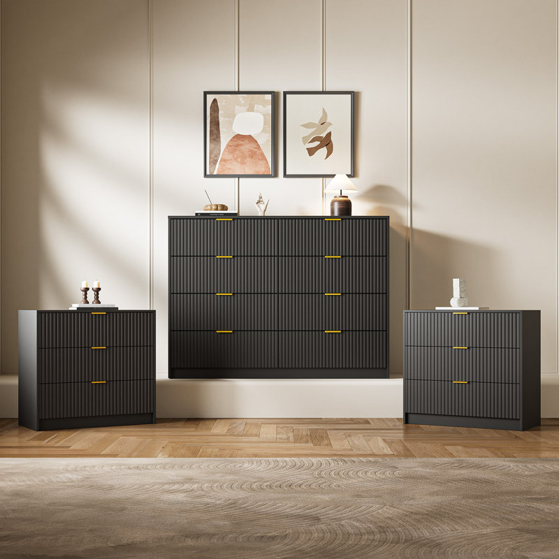 Ensemble de chambre à coucher 3 pièces, commode 8 tiroirs et table de chevet 3 tiroirs cadastrés, Navy