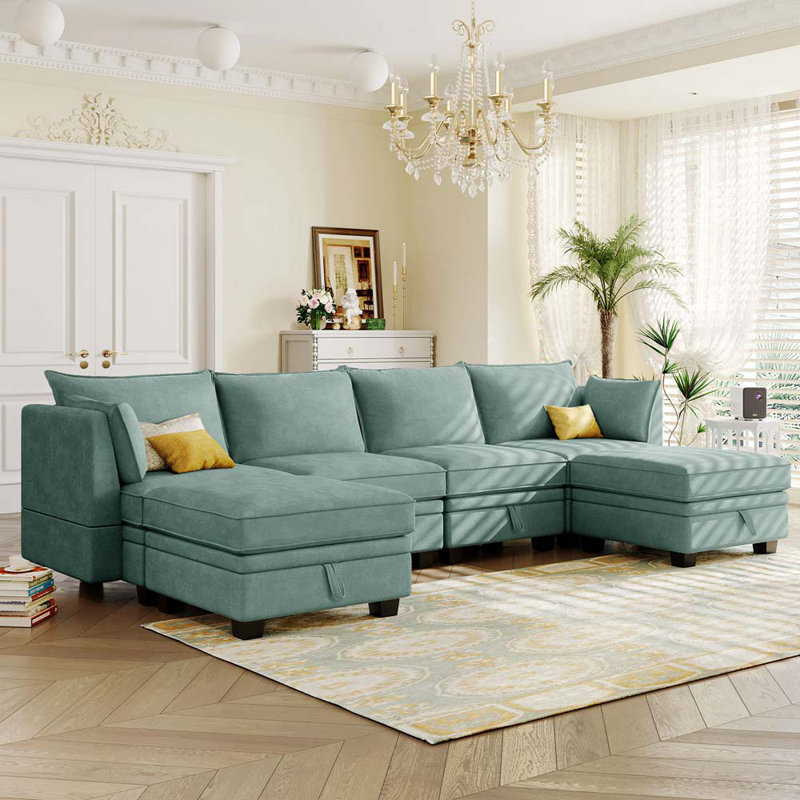 Ericlee Upholstered U-Shaped Sectional Reversible, Light Green 100% Polyester
